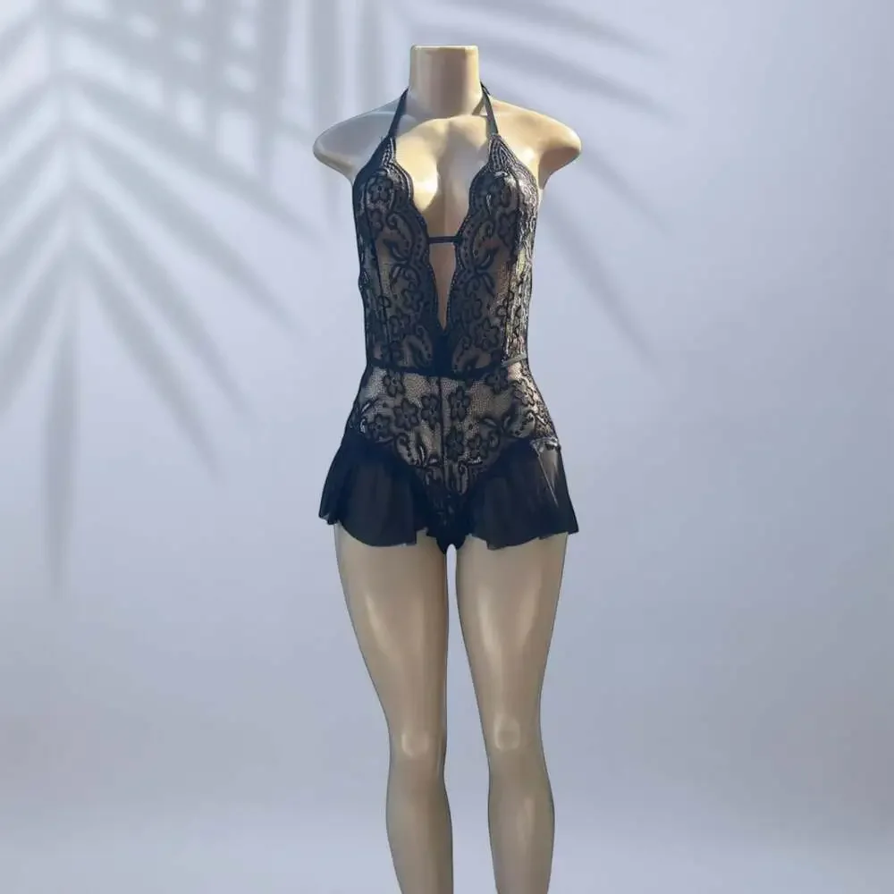 Women's Black Lace Deep V-Neck Halter Teddy Bodysuit Lingerie ✧ S - Picture 2 of 4